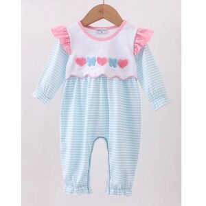 NWT Abby & Evie Baby Girls Blue Stripe Ruffle Heart Romper 12months